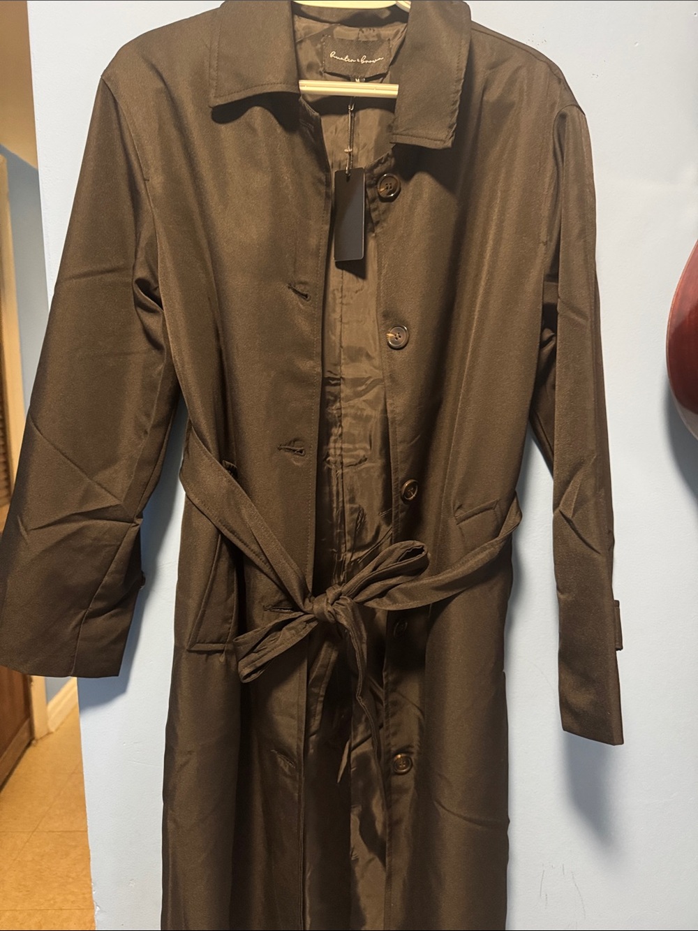 Women Black Long Trench Coat with Waist Tie